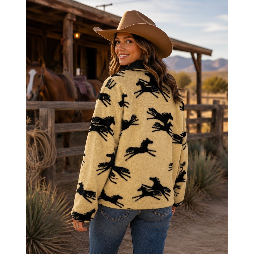 TSUNAMI Equestrian Horse Print Fleece Jacket Faux Suede Trim Buttons Large - Picture 8 of 13